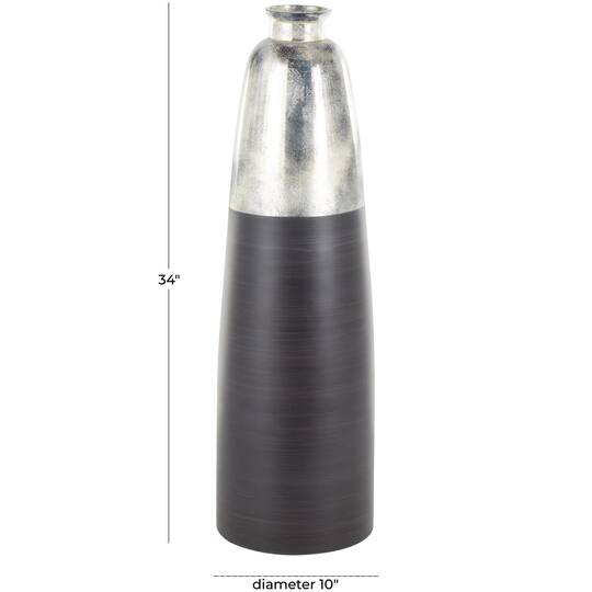 34" Black Glass Brushed Two-Toned Floor Vase with Textured Silver Top